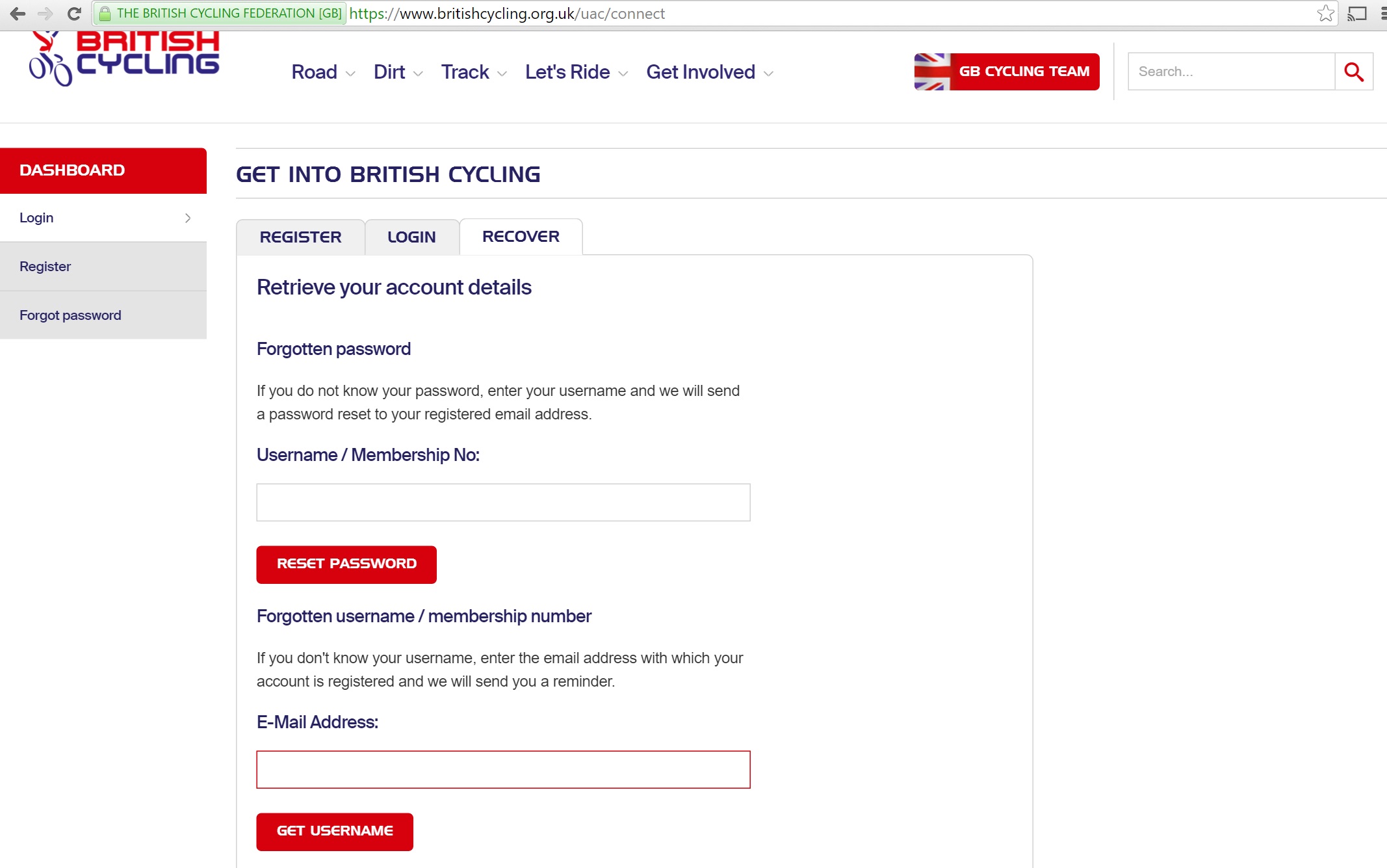 British Cycling Website Recover User Details